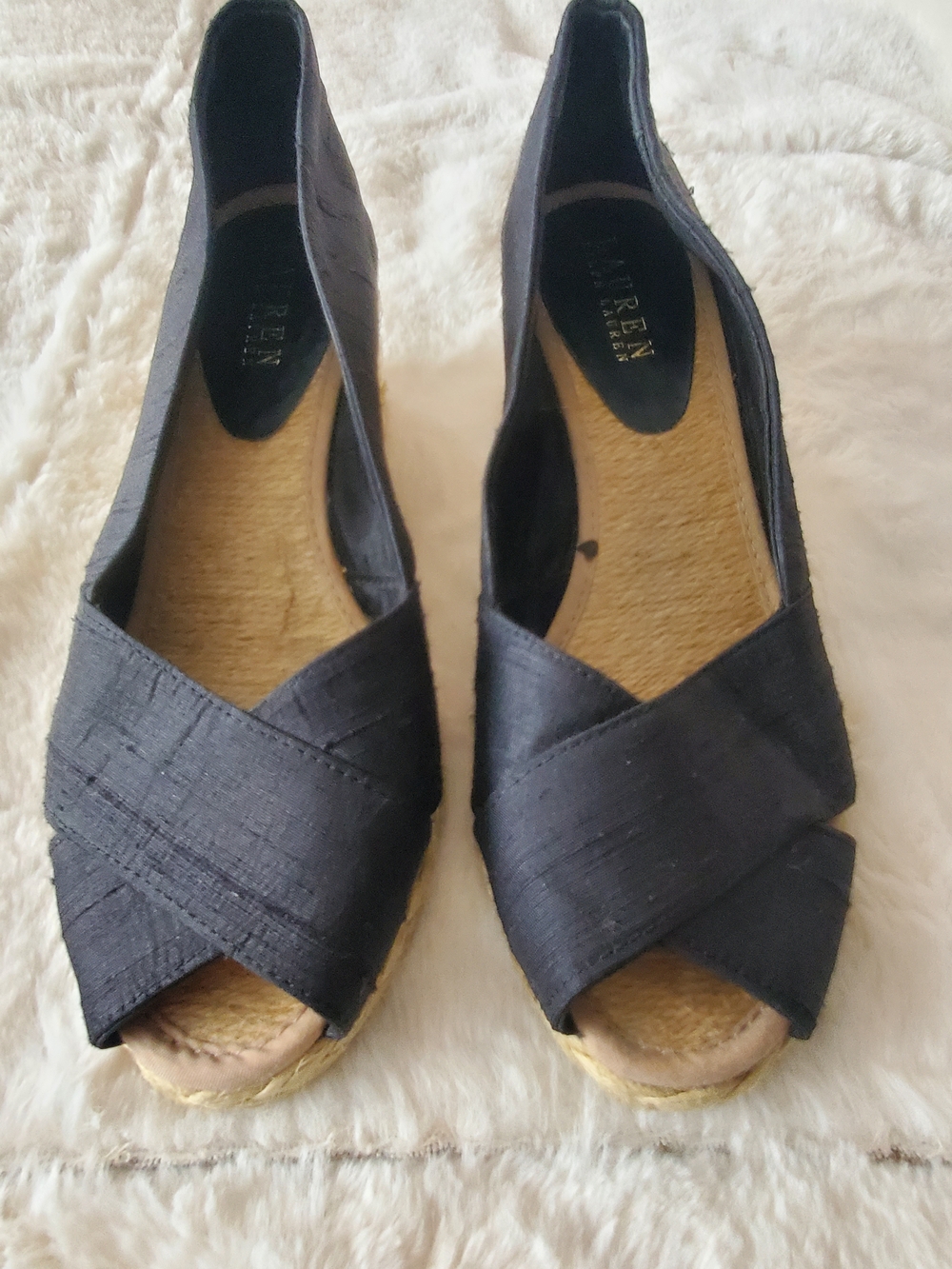 Lauren Ralph Lauren Black Espadrille Cecilia Peep-Toe Wedge 8